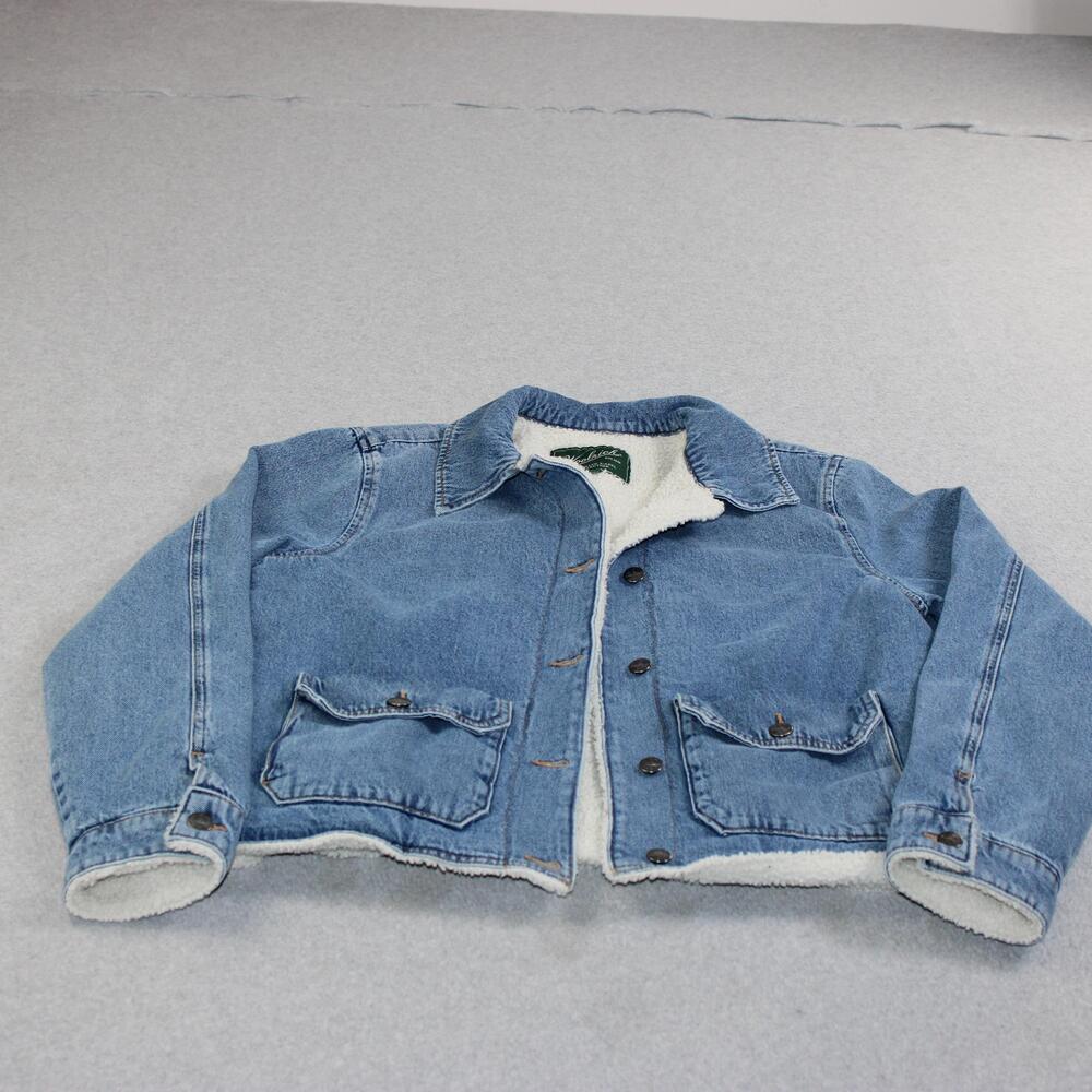 Woolrich Jacket Women Large Blue Denim Sherpa Fleece Lined Button Short Barn Y2K